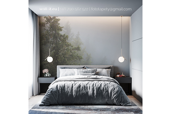 tajemniczy mglisty las na scianie w sypialni